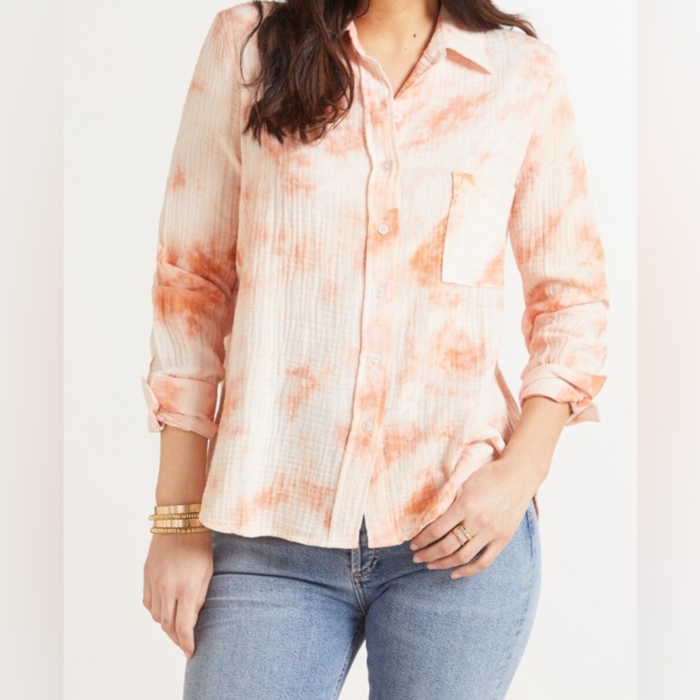 Roan+Ryan Evereve Mason Gauze Tie-Dye White Peach Orange Button Down Top Size XS